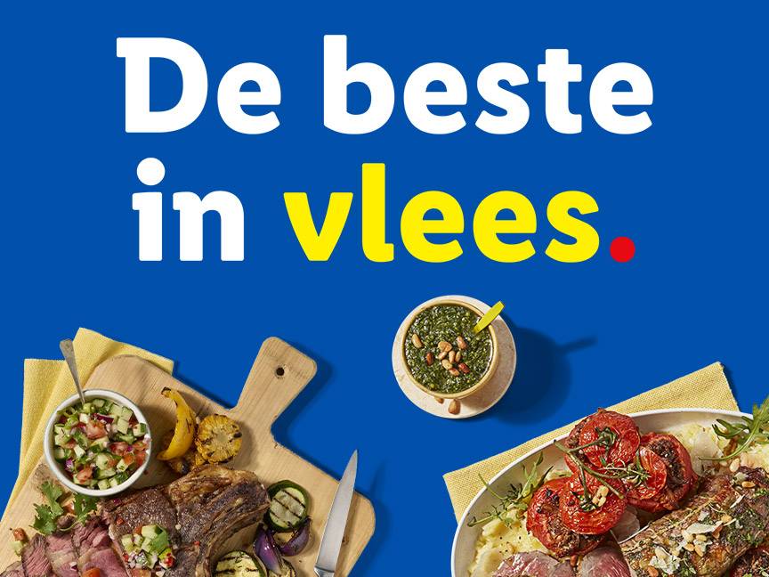 Gegrild vlees met bijgerechten en de tekst 'De beste in vlees' op een blauwe achtergrond.