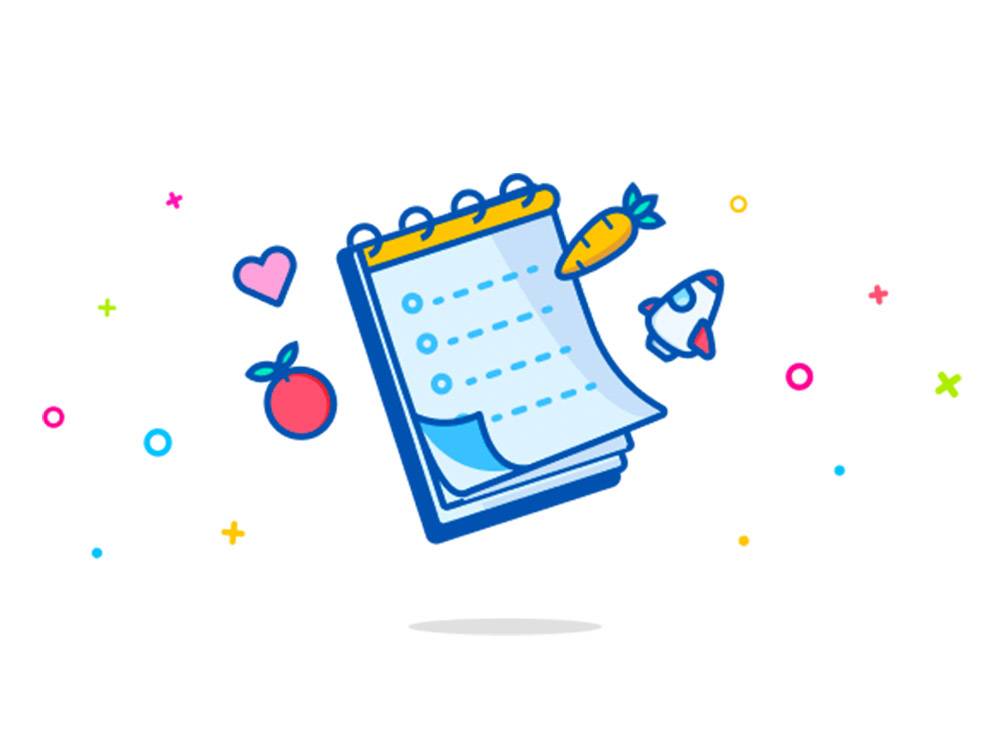 Notitieboek, wortel, appel: kleurrijk takenlijstje.