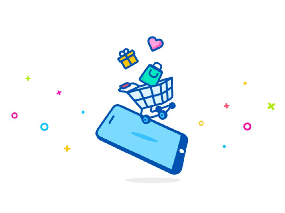 Online winkelen: cadeaus, tassen en winkelwagen op telefoon.