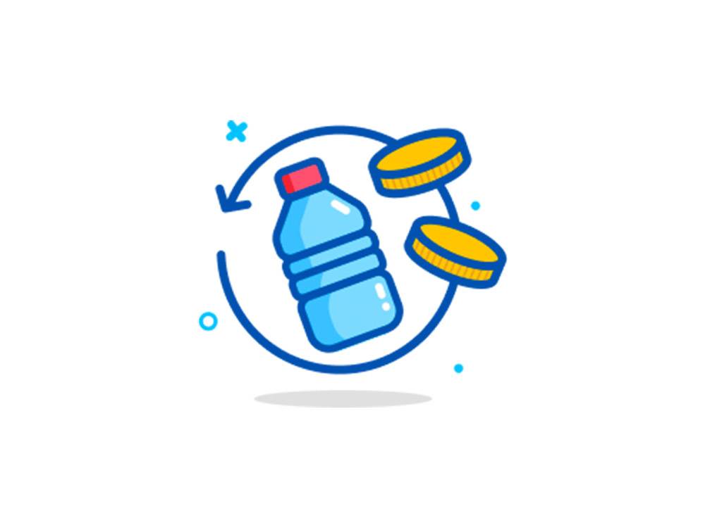 Gerecyclede plastic fles, beloning in munten.