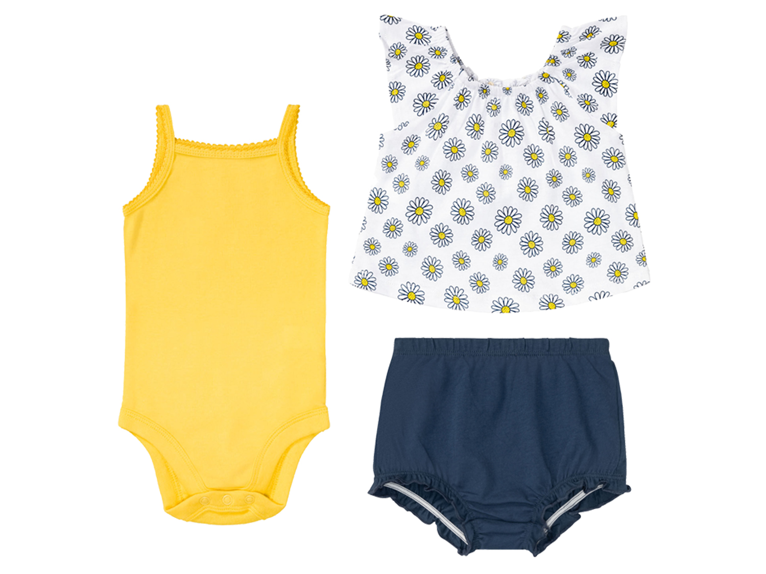 lupilu Baby meisjes zomerset 3-delig, van zuiver biologisch katoen (Wit/geel/donkerblauw, 62-68)