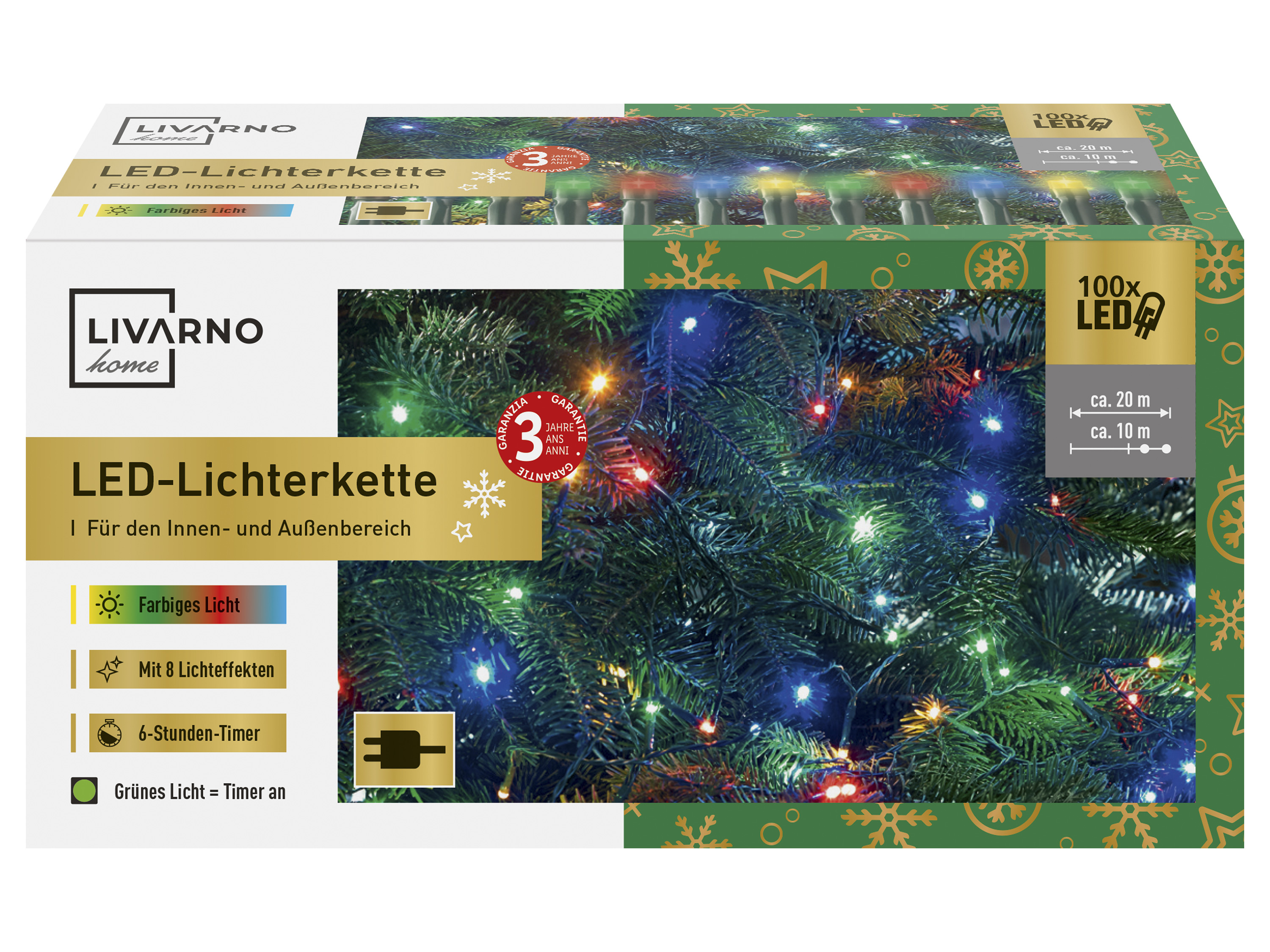 LIVARNO home LED-lichtketting, 6-uur-timer, 100 LEDs (Bont gekleurd)