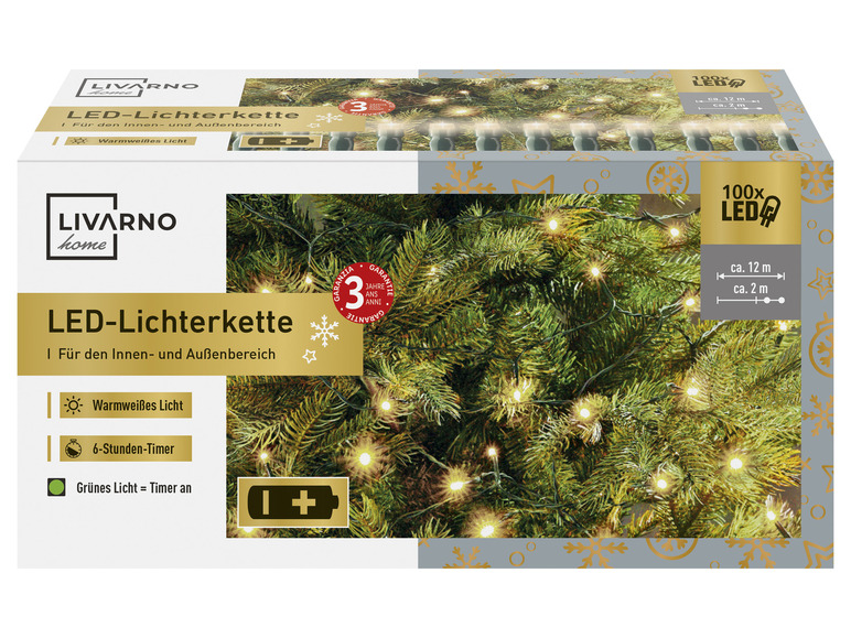 LIVARNO home LED-lichtketting, 6-uur-timer, 100 LEDs (Werkt op batterijen)