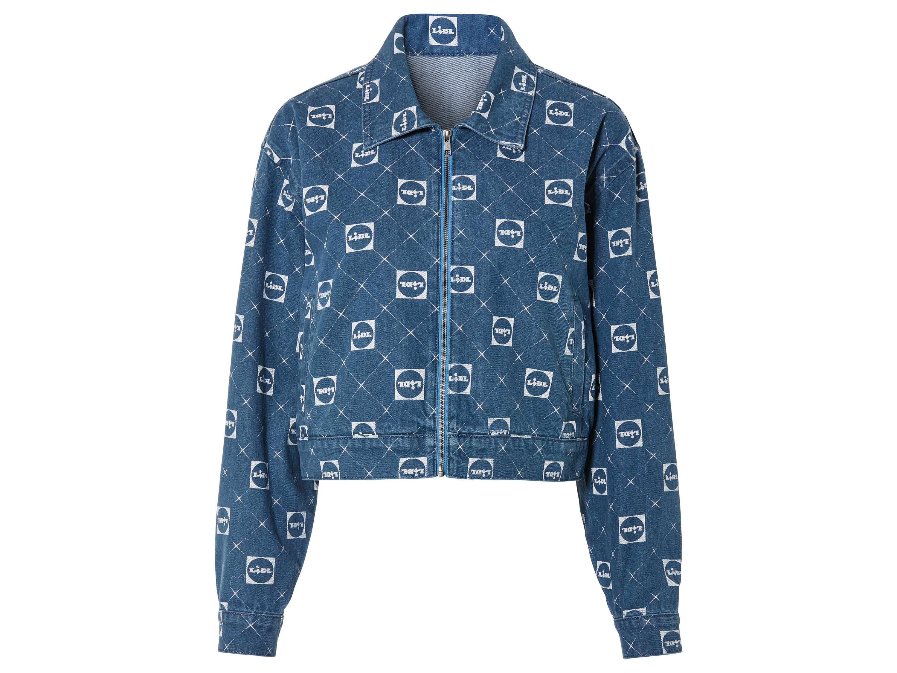 esmara Dames oversized jeansjack met Lidl-print (46, Blauw/wit)