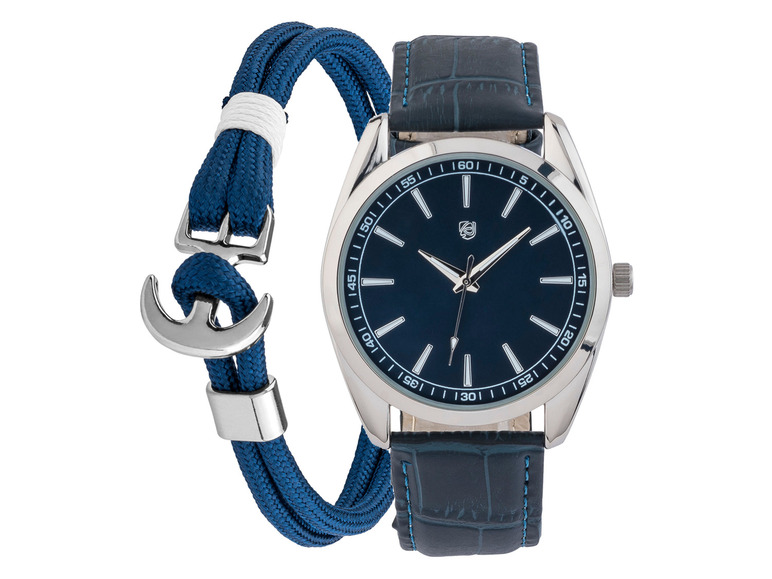 Heren horloge/sieradenset (Zilveren, donkerblauwe armband)