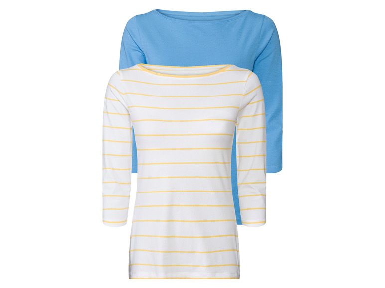 esmara 2 dames shirts (XS (32/34), Lichtblauw/geel/witte strepen)