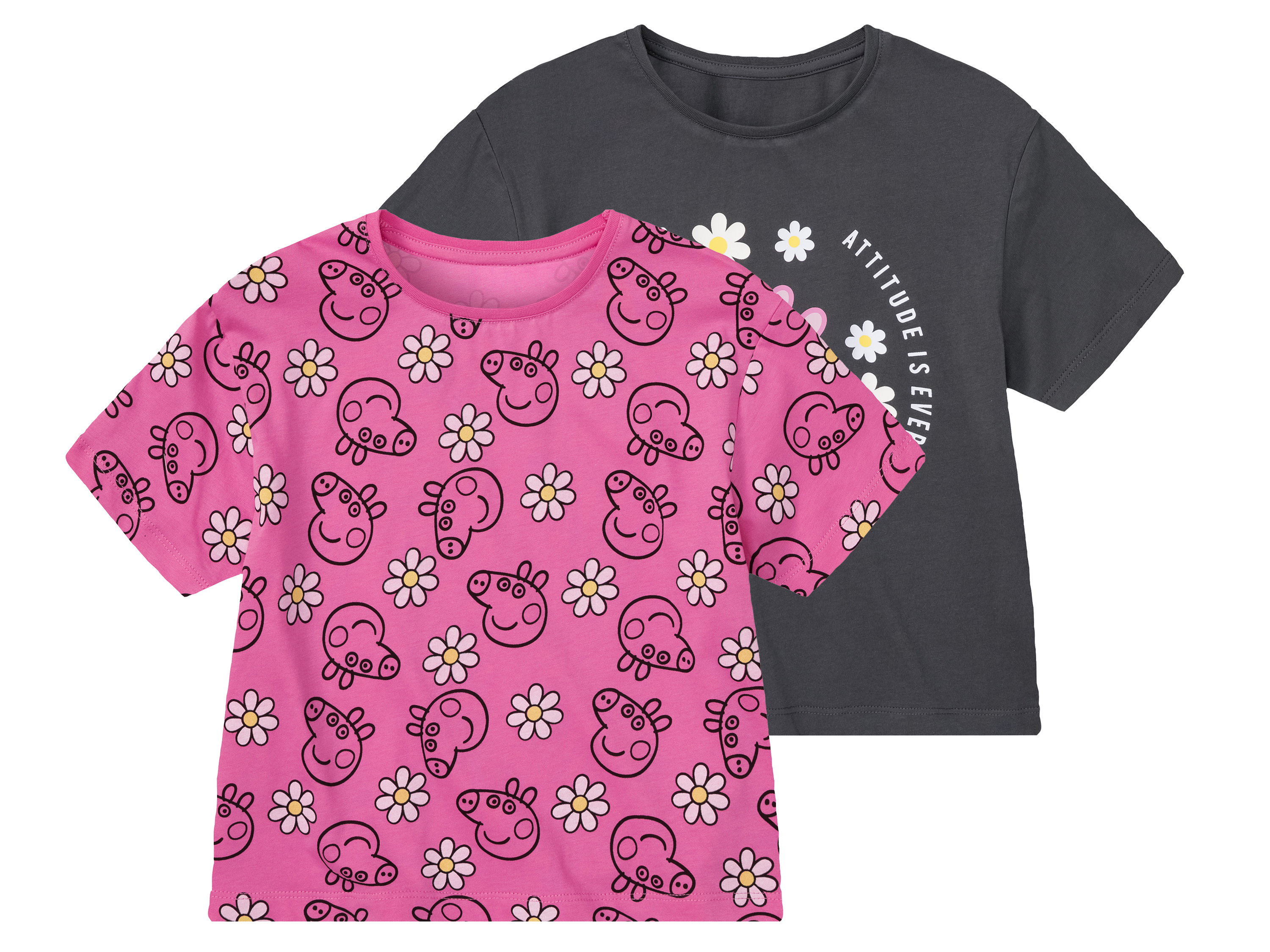 2 kindershirts (122/128, Peppa Pig antraciet/roze)