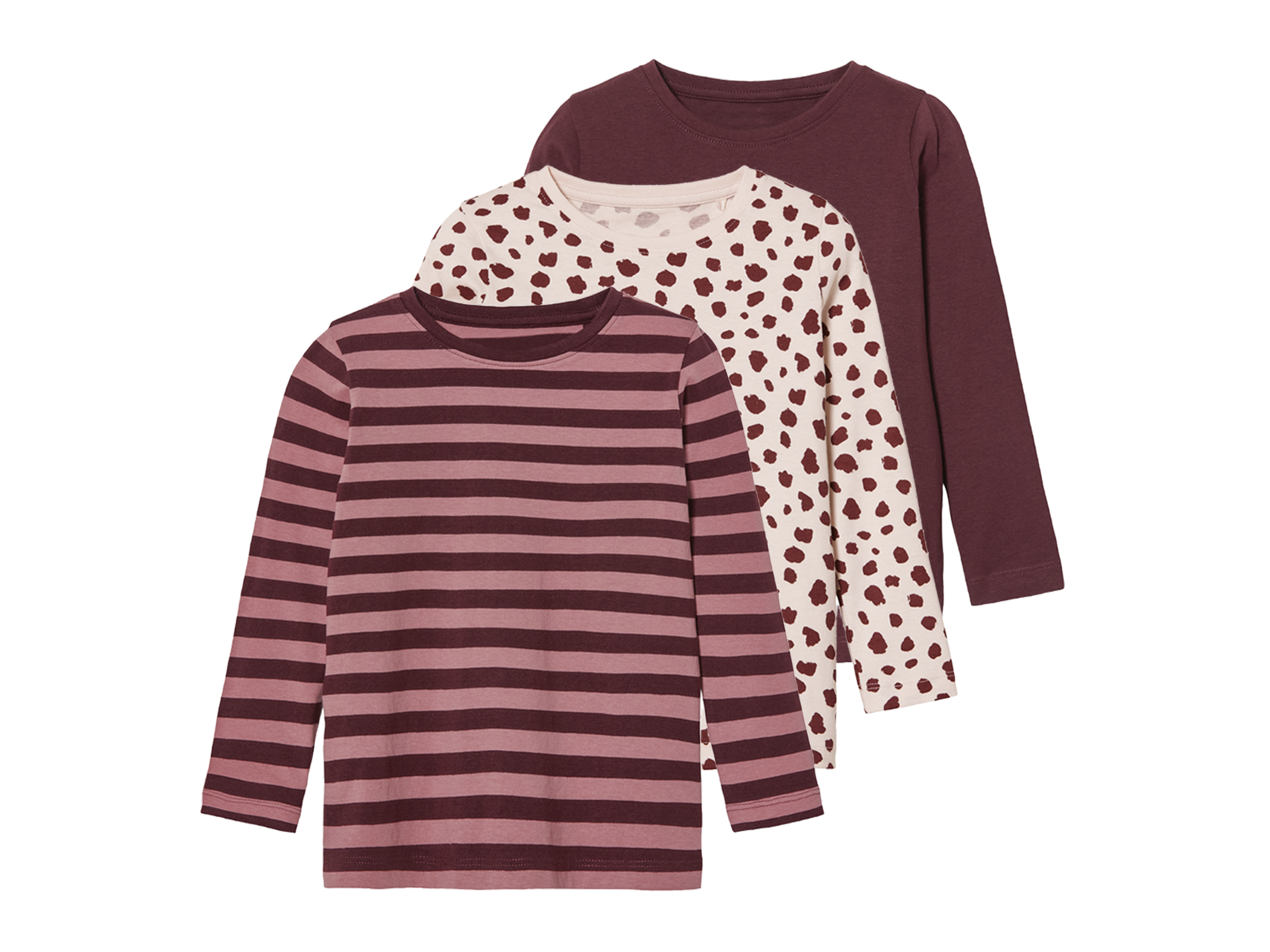 lupilu 3 kindershirts met lange mouwen (122/128, Strepen/gevlekt/roze/bordeaux rood)