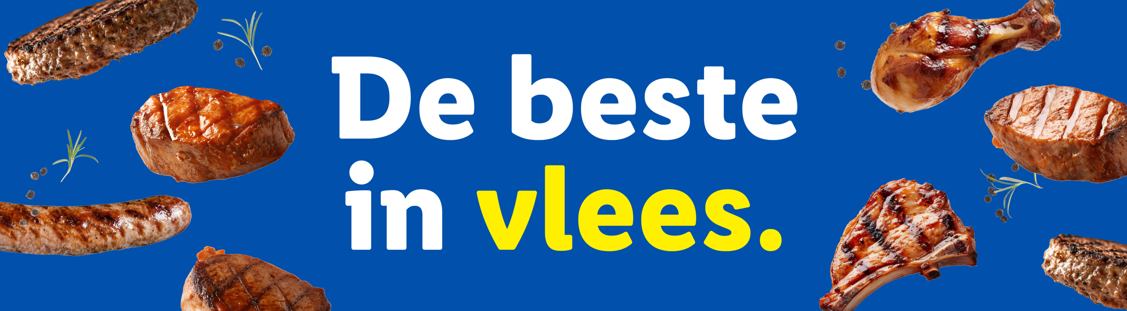 Gegrild vlees zoals hamburgers, biefstuk, kip en worst op een blauwe achtergrond met de tekst 'De beste in vlees'.