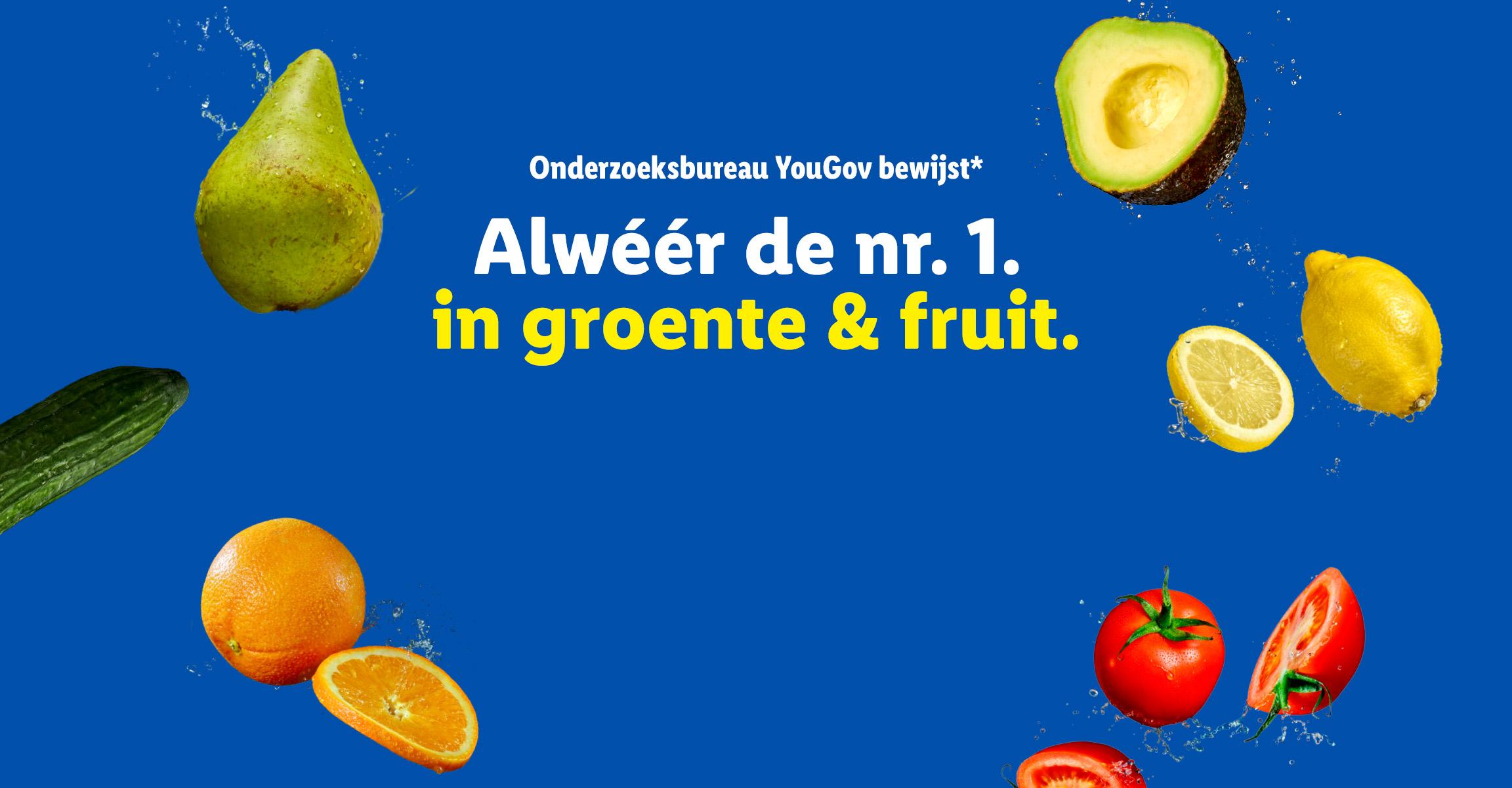 Blauwe banner met de tekst 'Alwéér de nr. 1 in groente & fruit' omringd door vers fruit en groente.