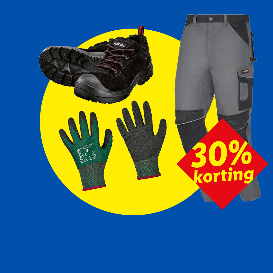 Werkkleding met 30% korting: veiligheidsschoenen, werkhandschoenen en werkbroek.