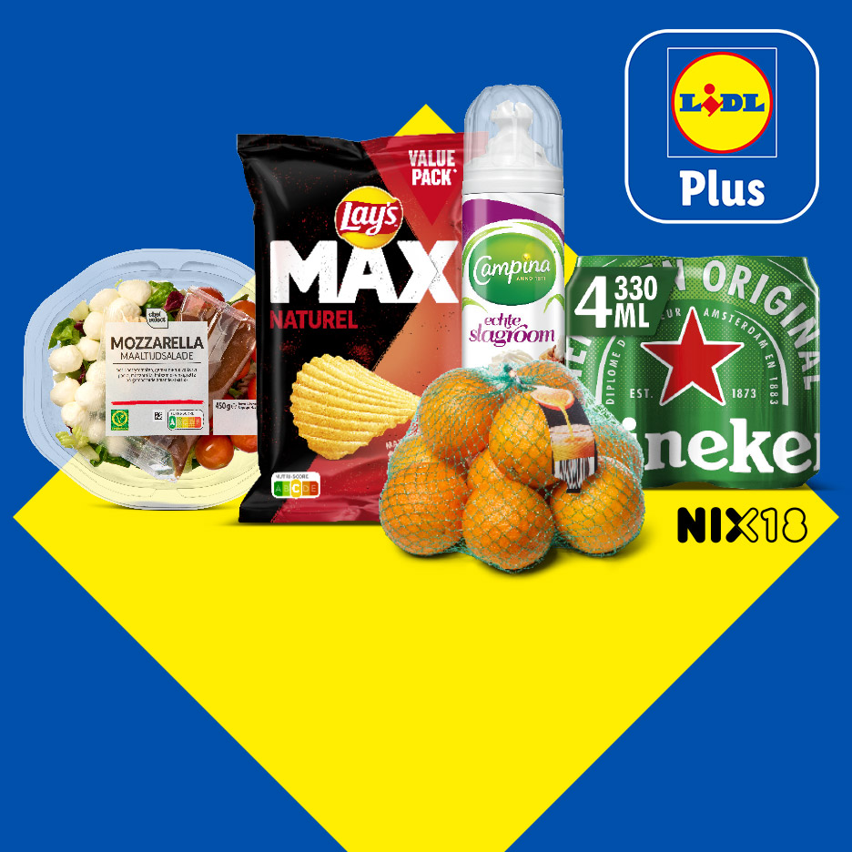Een selectie van Lidl Plus producten, waaronder een maaltijdsalade, chips, slagroom, mandarijnen en bier, op een blauw-gele achtergrond.