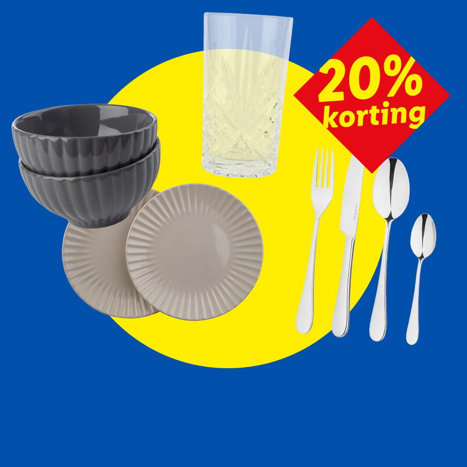 Serviesgoed en bestek met 20% korting: twee grijze kommen, twee beige borden, een glas en vier zilveren bestekstukken.