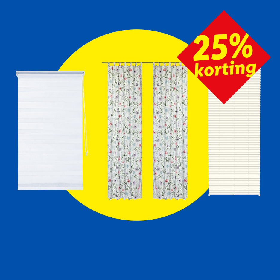 Witte rolgordijnen, bloemen gordijnen en jaloezieën met 25% korting op een gele cirkel.