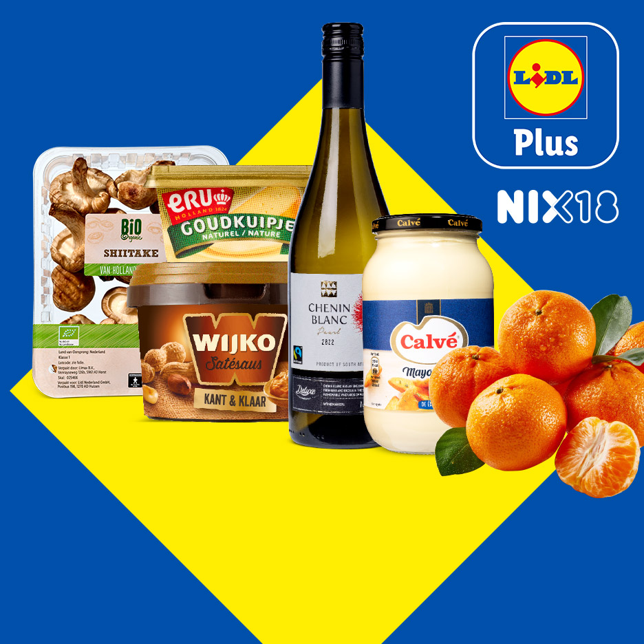 Witte wijn, mayonaise, satésaus, shiitake, roomkaas en mandarijnen op een blauw-gele achtergrond.