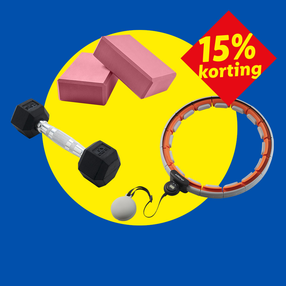 Fitnessartikelen: roze yogablokken, een halter en een slimme hoelahoep, met 15% korting.