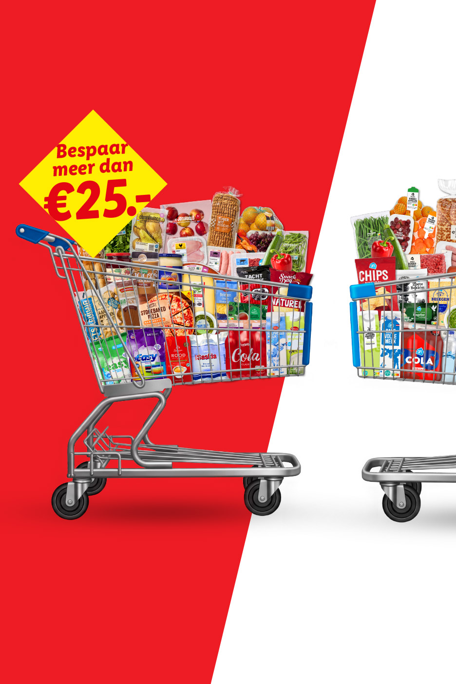 Twee winkelwagens vol boodschappen, met de tekst 'Bespaar meer dan €25,-' op een gele ster.