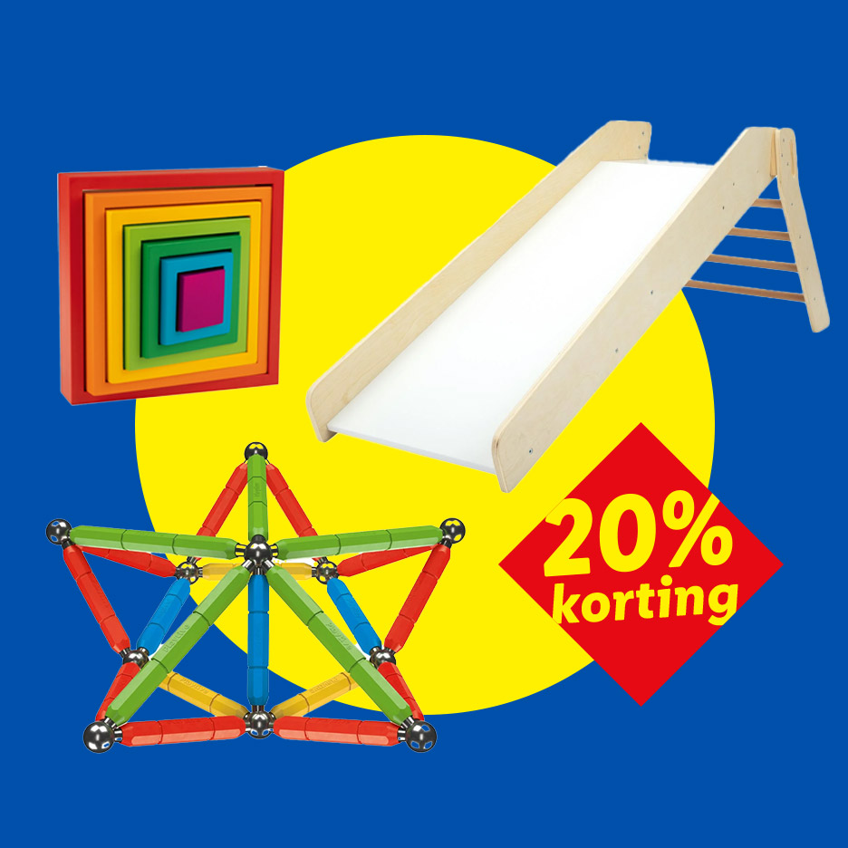 Houten glijbaan, kleurrijke stapelblokken en magnetisch constructiespeelgoed met 20% korting.