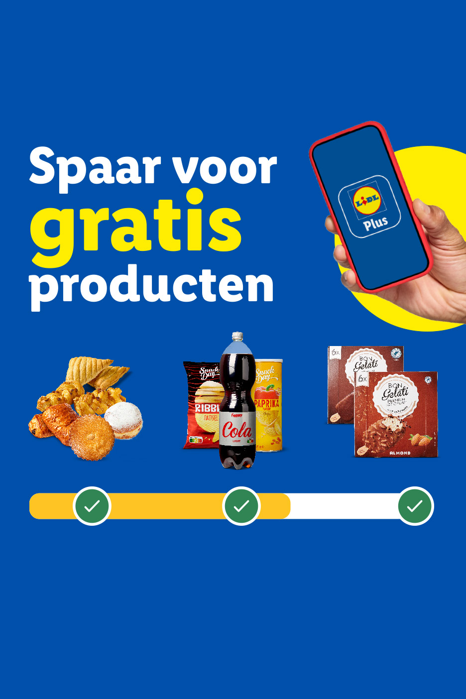 Spaar voor gratis producten bij Lidl met de Lidl Plus app, inclusief gebak, frisdrank en ijs.
