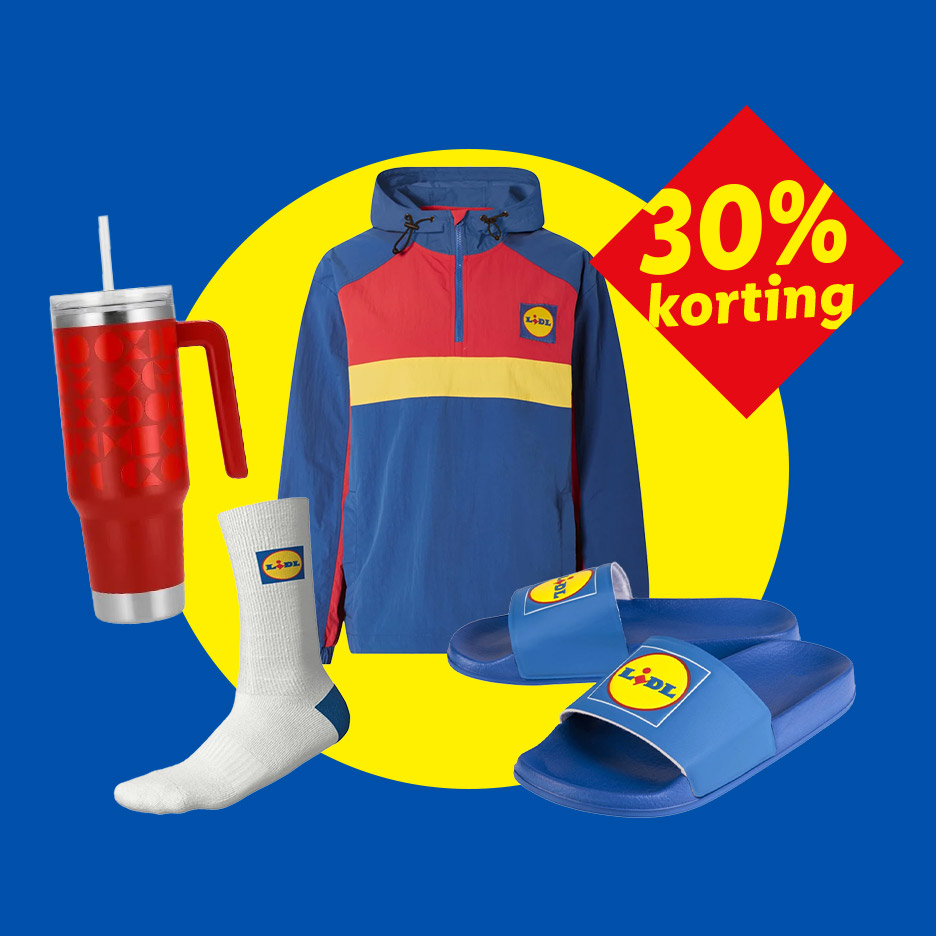 Een blauw-rood-geel jack, rode beker, witte sok en blauwe slippers met 30% korting.