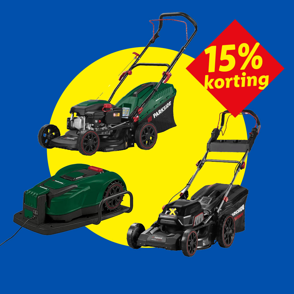 Drie grasmaaiers, waaronder een robotmaaier, met 15% korting op een blauw-gele achtergrond.
