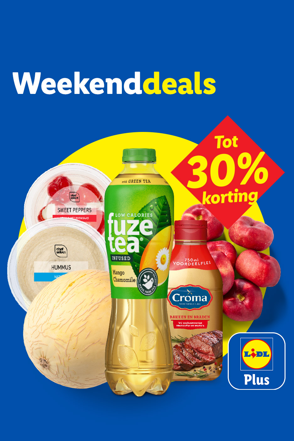 Weekenddeals met tot 30% korting op diverse producten zoals ijsthee, hummus, paprika's, perziken en bakolie.