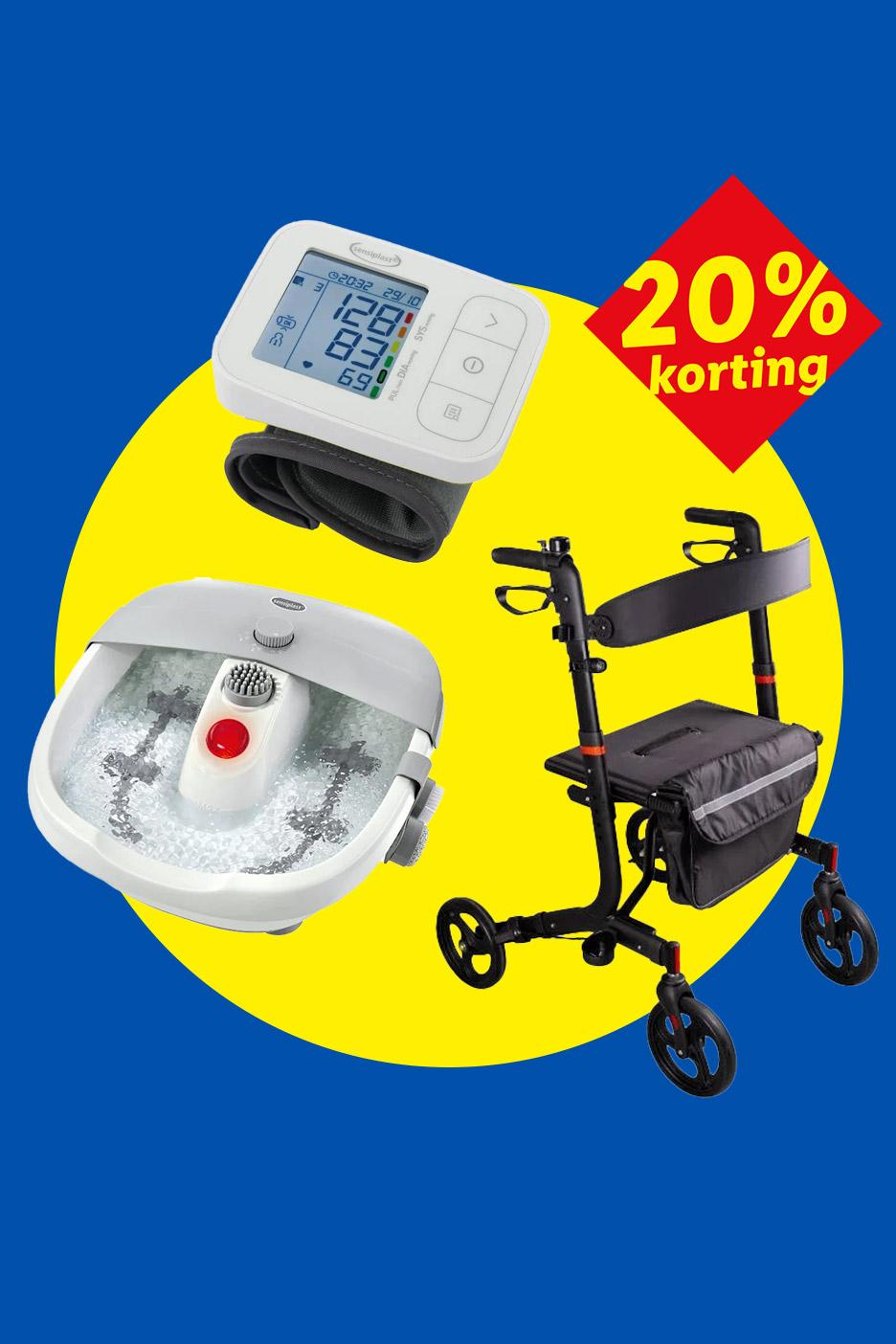 Een bloeddrukmeter, voetenbad en rollator met 20% korting op een gele achtergrond.