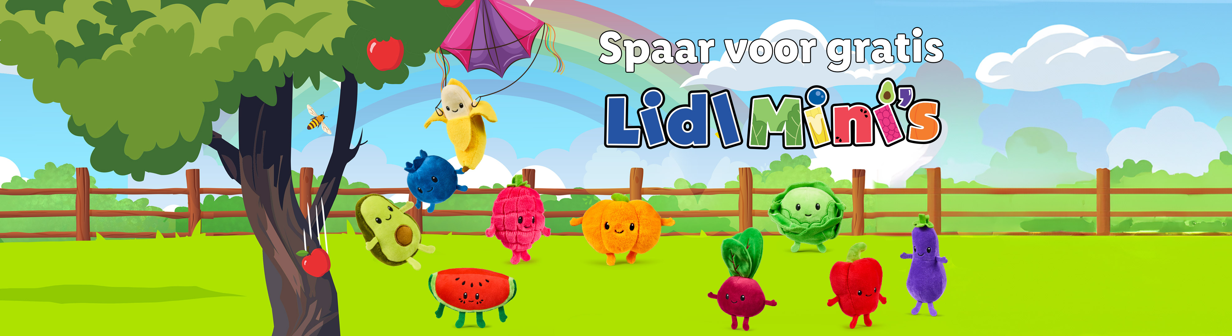 Schattige groente- en fruitknuffels in een vrolijke boerderijomgeving met de tekst 'Spaar voor gratis Lidl Mini's'.