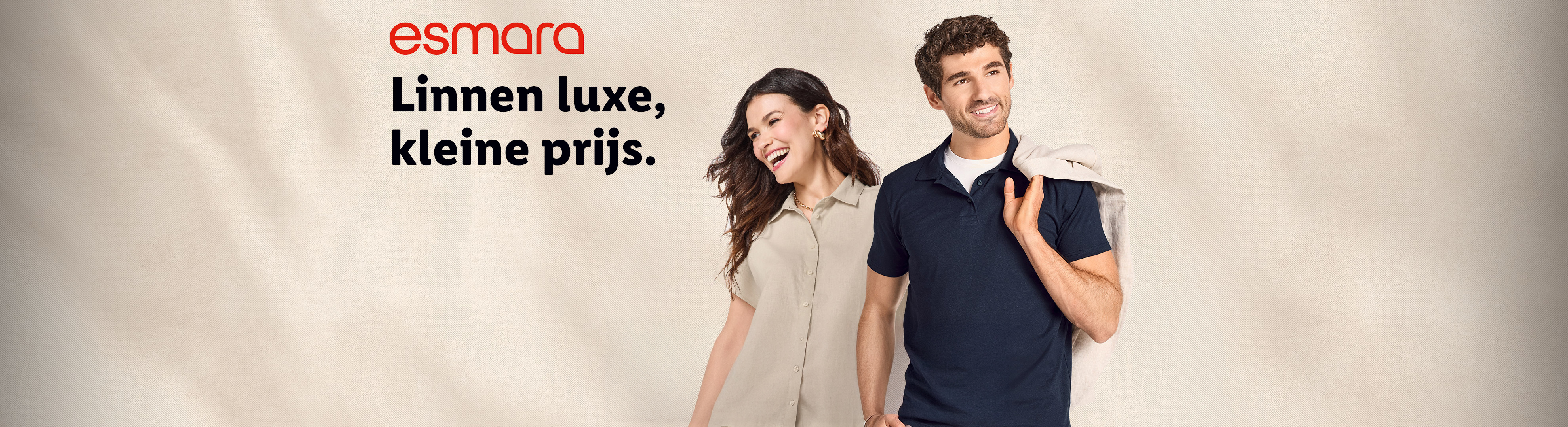 Man en vrouw in linnen kleding, met de tekst: Linnen luxe, kleine prijs.