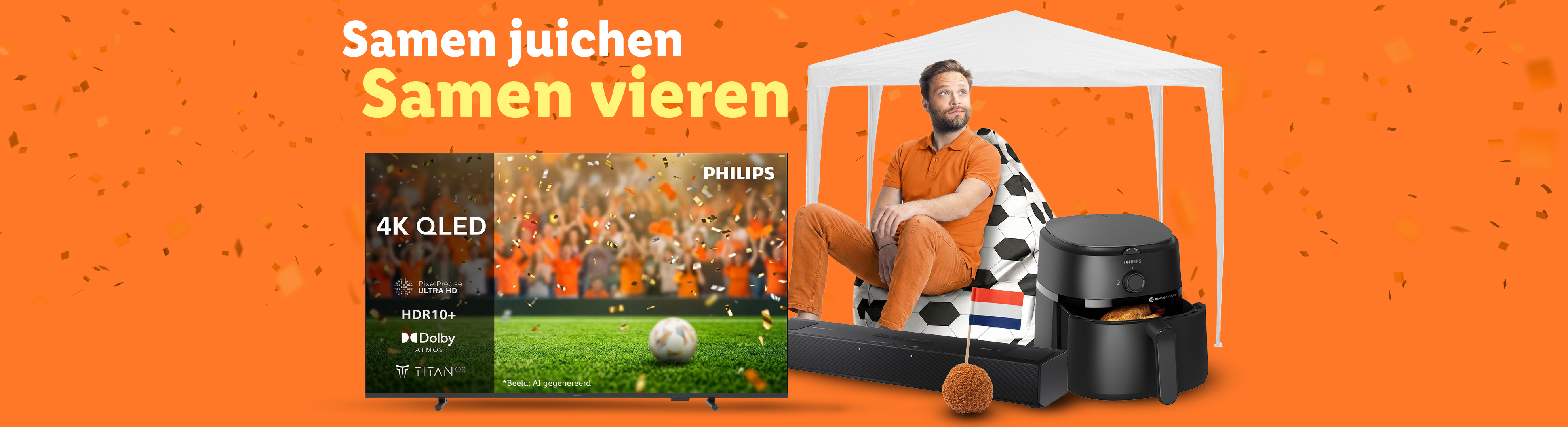 Een 4K QLED tv, een airfryer en soundbar, onder een partytent