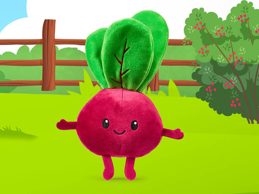 Billie Biet: Pluchen rode biet met groene bladeren en een vrolijk gezichtje