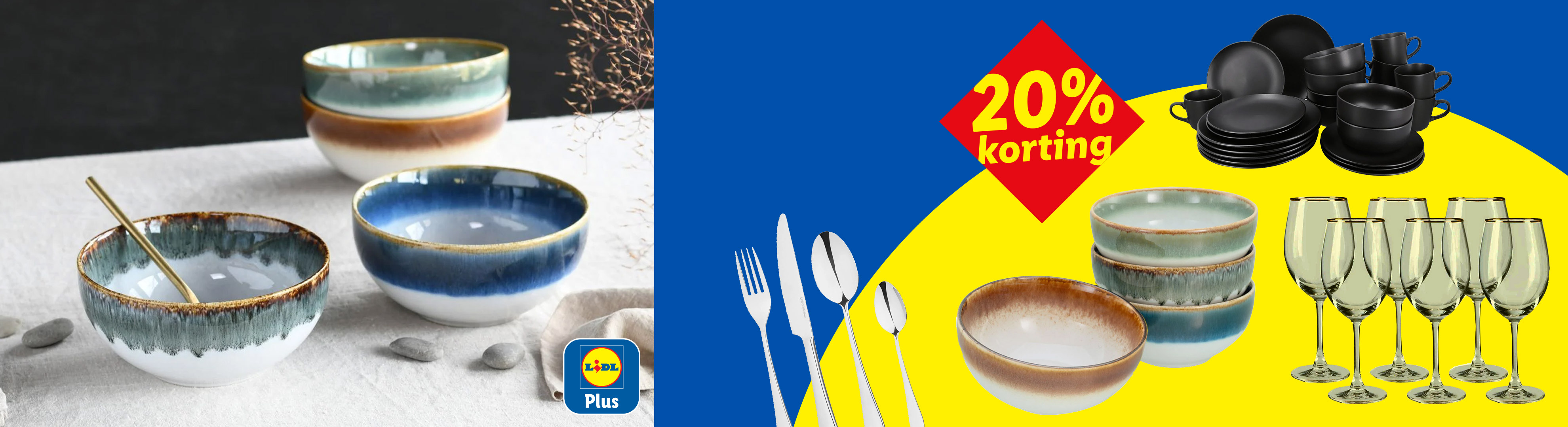 Serviesgoed, bestek en glazen met 20% korting op een blauw-gele achtergrond.