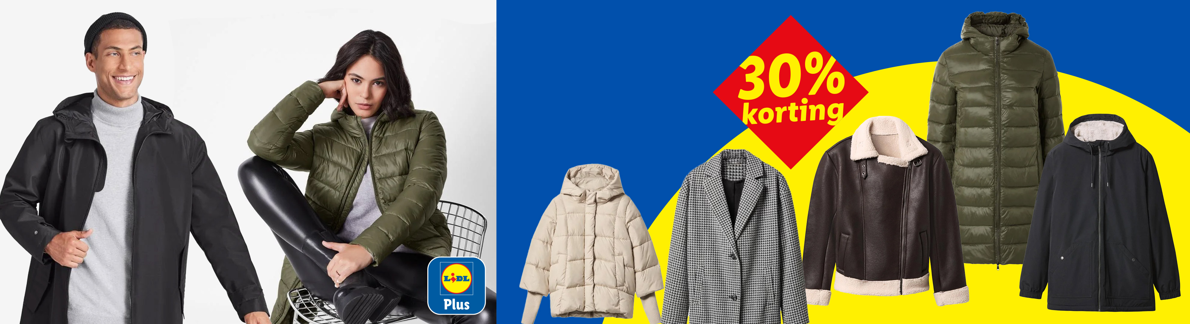 Diverse jassen voor mannen en vrouwen, met 30% korting op een blauw-gele achtergrond.